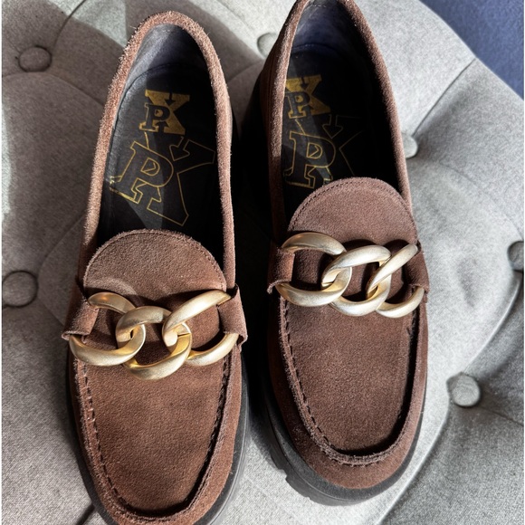 Beautiful brown suede loafers worn once. Gorgeous gold accents chain. - Picture 2 of 11
